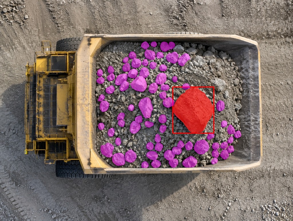 Top-down truck payload with highlighted boulder and fragmentation overlays