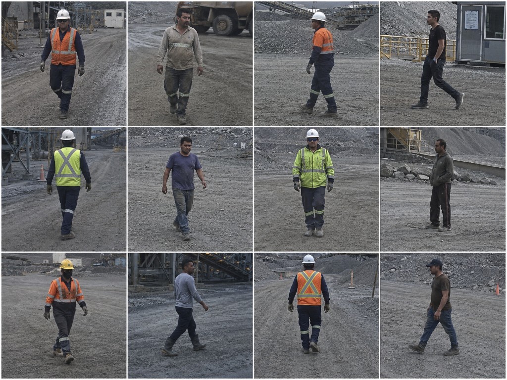 Grid of workers in mining environment with varying PPE compliance states for incident review